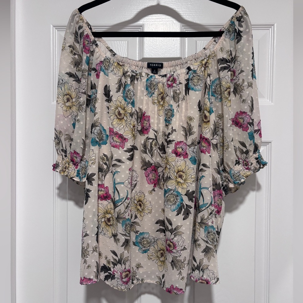 Torrid Plus Size 2 Floral Off Shoulder Peasant Blouse Boho Top